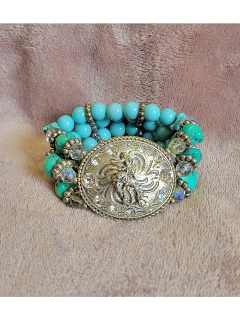 Silver Tone Western Faux Turquoise Round Beaded Layered Stretch Bracelet BR1